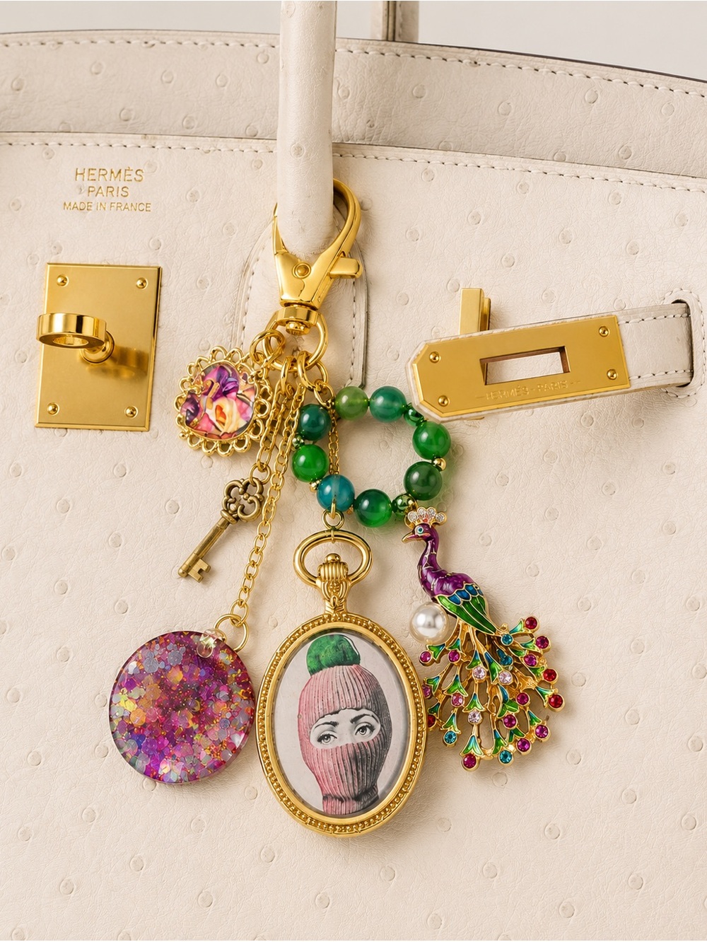 ✨Fornasetti Style Gold Vermeil Bag Charm Keychain | Italian Art Face Motif Y2K